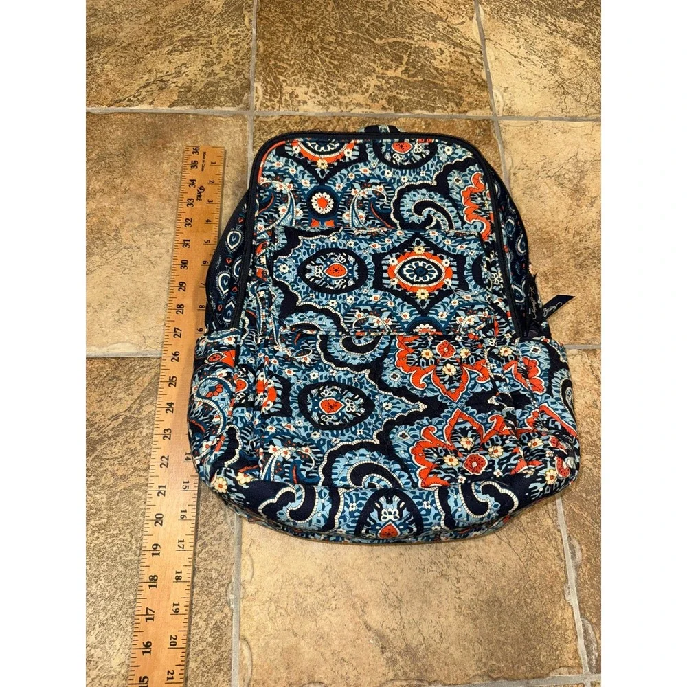 Vera Bradley Blue Lagoon Quilted Cotton Backpack Navy Blue Orange Floral Bag